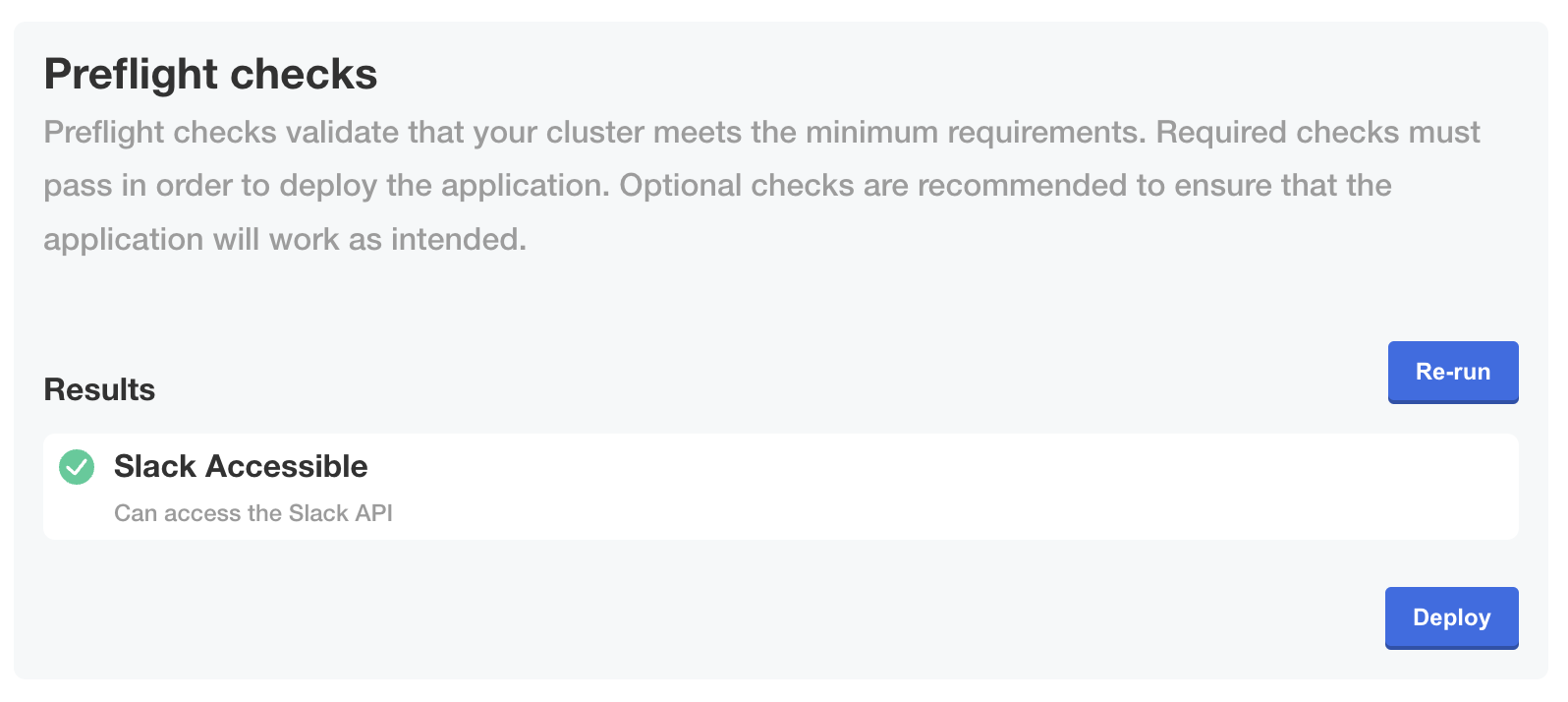 Preflight checks in Admin Console showing pass message